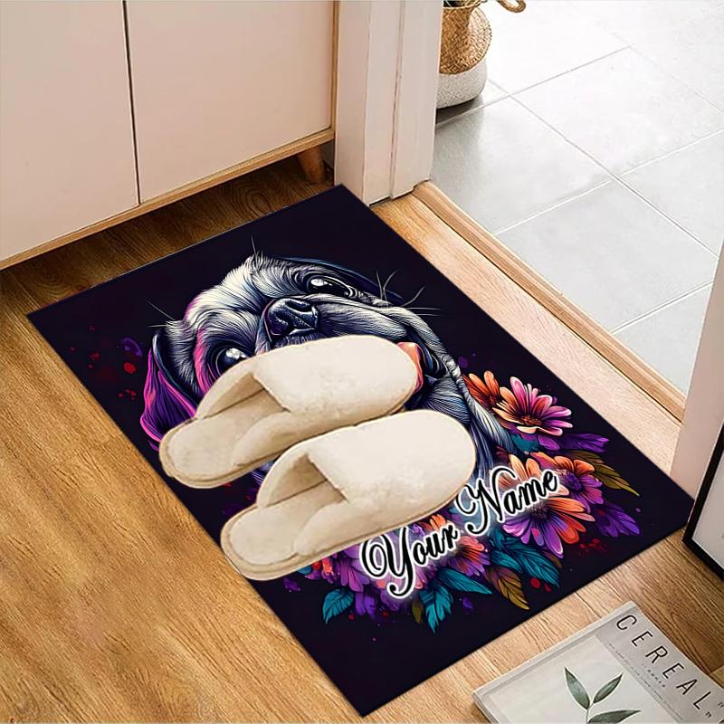 1PC Custom Name Pug Flowers Artwork Theme Floor Mat Ideal for Living Room, Game Rooms, Office, Bedroom,Floor Mat Playful Design