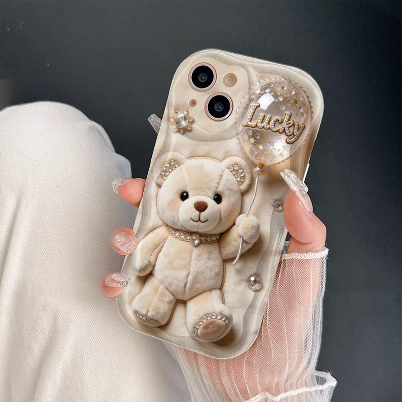 Cute Cartoon Teddy Bear Pattern Wavy Edge Phone Case For iPhone 17 Air 16 16E 15 14 13 12 11 Pro Max XS XR X 15 14 Plus Cover