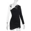 Autumn Sexy Single Shoulder Long Sleeve Pleated Fine Flash Bag Buttock Dress for Women
