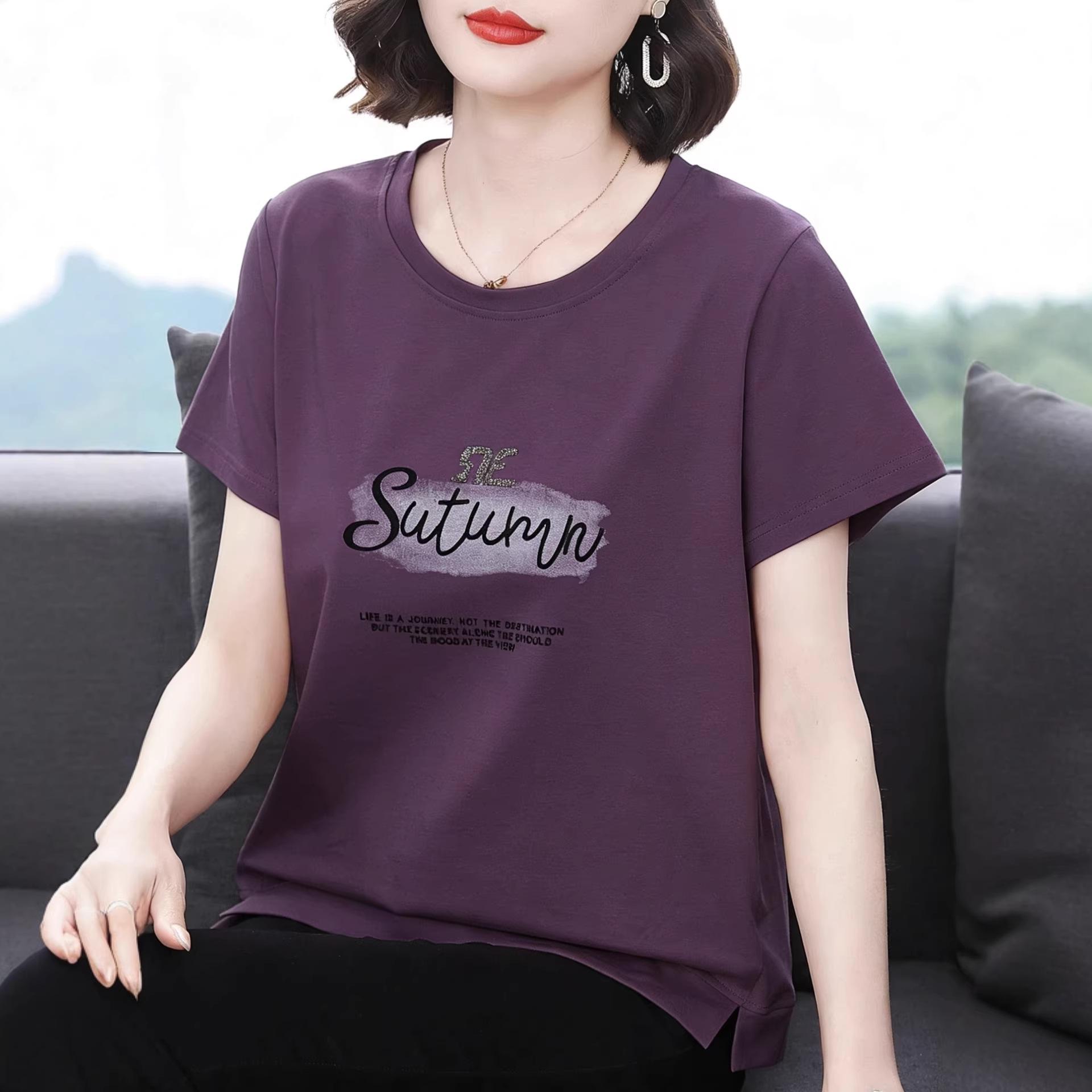 

Plus Size Short Sleeve Casual T-Shirt, Belly Covering, Pure Cotton, Printed for Middle-Aged and Elderly Women 3XL фіолетовий