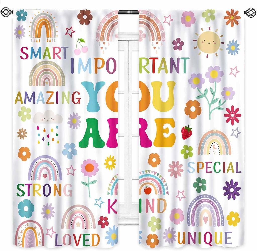 Rainbow Quote Curtains Kids Cartoon Cute Flowers Sun Lovely Inspirational Motivational Words Boys Girls Bedroom Window Polyester Decor Treatment