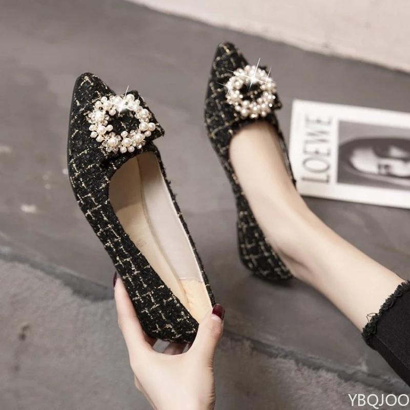 Mote Perle rund spenne enkel sko Mote rutete Dame Flats Nye spisse sko med lav munn Casual komfortable dameflats Mujer