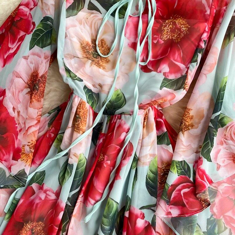 Summer Flower Series Elegant Print Fairy New Seaside Holiday Bell Sleeve Flowy Chiffon Dress