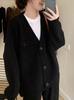 Korean Grey V-Neck Knit Cardigan - Women's Soft, Fluffy Outerwear for Spring and Autumn