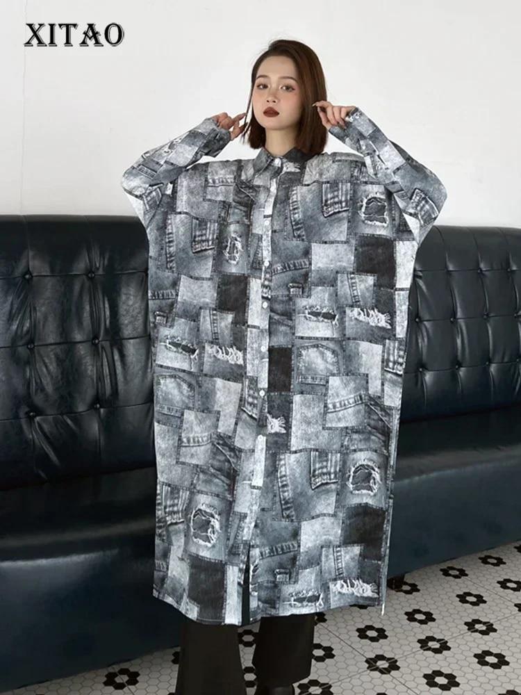 

XITAO винтажное платье с принтом, модное свободное повседневное женское платье с длинным рукавом и отложным воротником WLD20073