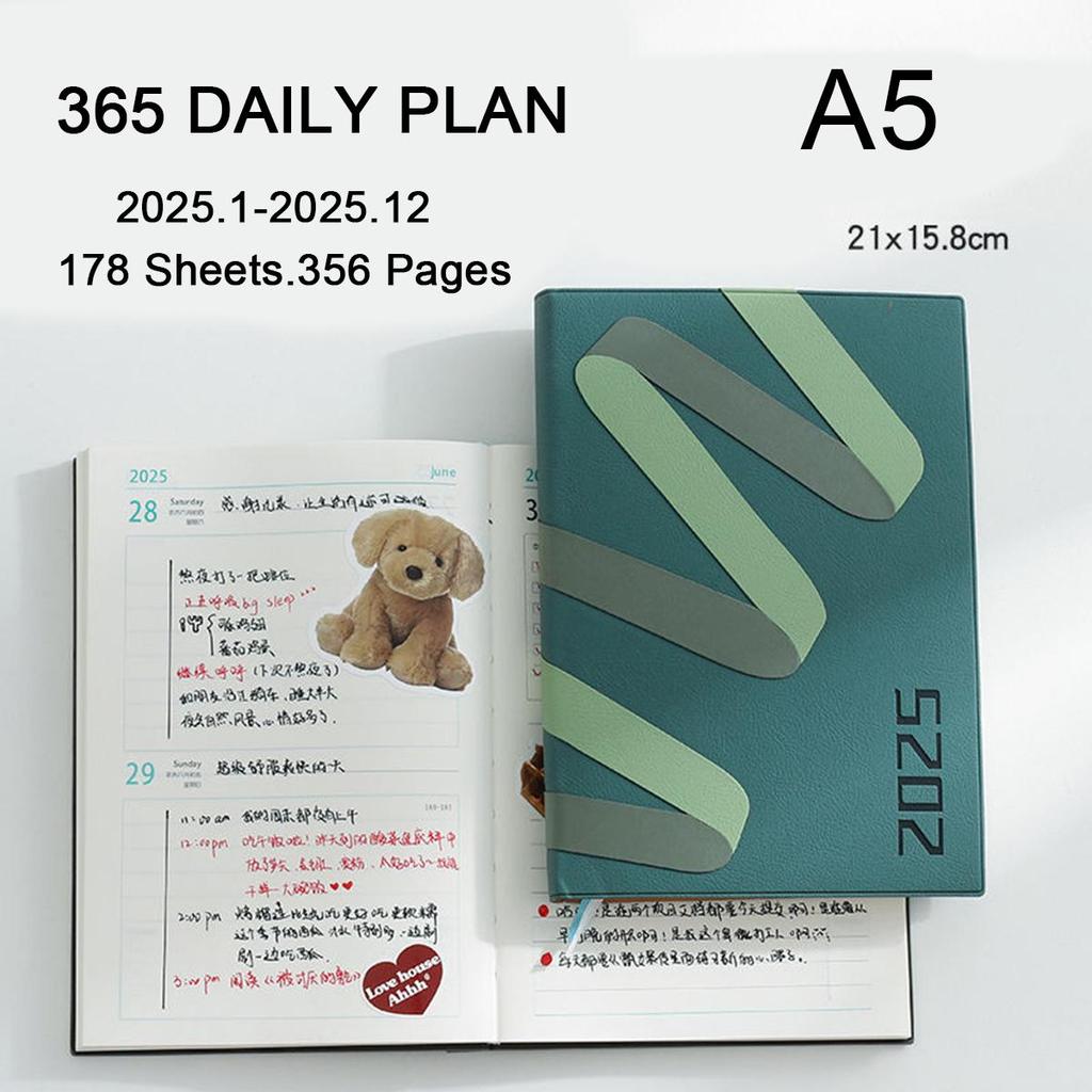 A5 thick leather student time planner, 2025 annual schedule, business notepad, 365-day daily planner, memo, notebook, 178 sheets, 356 pages