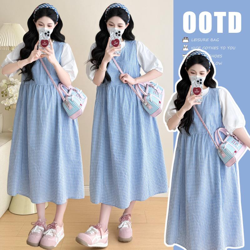 

2026 Summer Blue Plaid Sleeveless Dress & Short-Sleeve T-shirt Set M