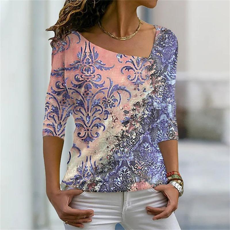 Women's T Shirt Characteristic Diagonal Neck Irregular Flower Digital 3D Print Ladies Wear Fashion Street Harajuku Ladies Tee