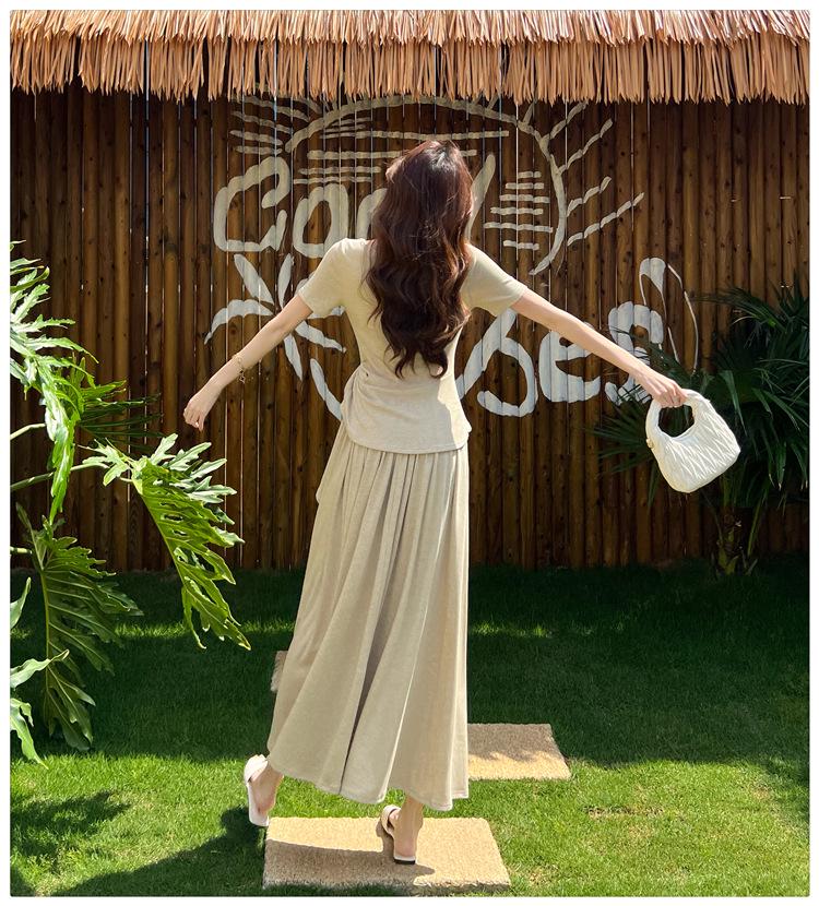 Französisches Falten-T-Shirt mit tailliertem Bund & High-Waist-Rock Sommer-Set für Damen