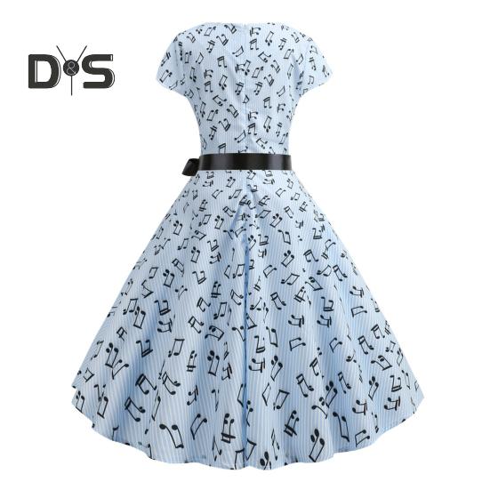 Damenkleid mit Musikskalen-Print, Rundhalsausschnitt, Schleife, Gürtel, enge Taille, A-Linie, großer Saum, bunt, kurze Ärmel, Reißverschluss auf der Rückseite, Midikleid für Damen