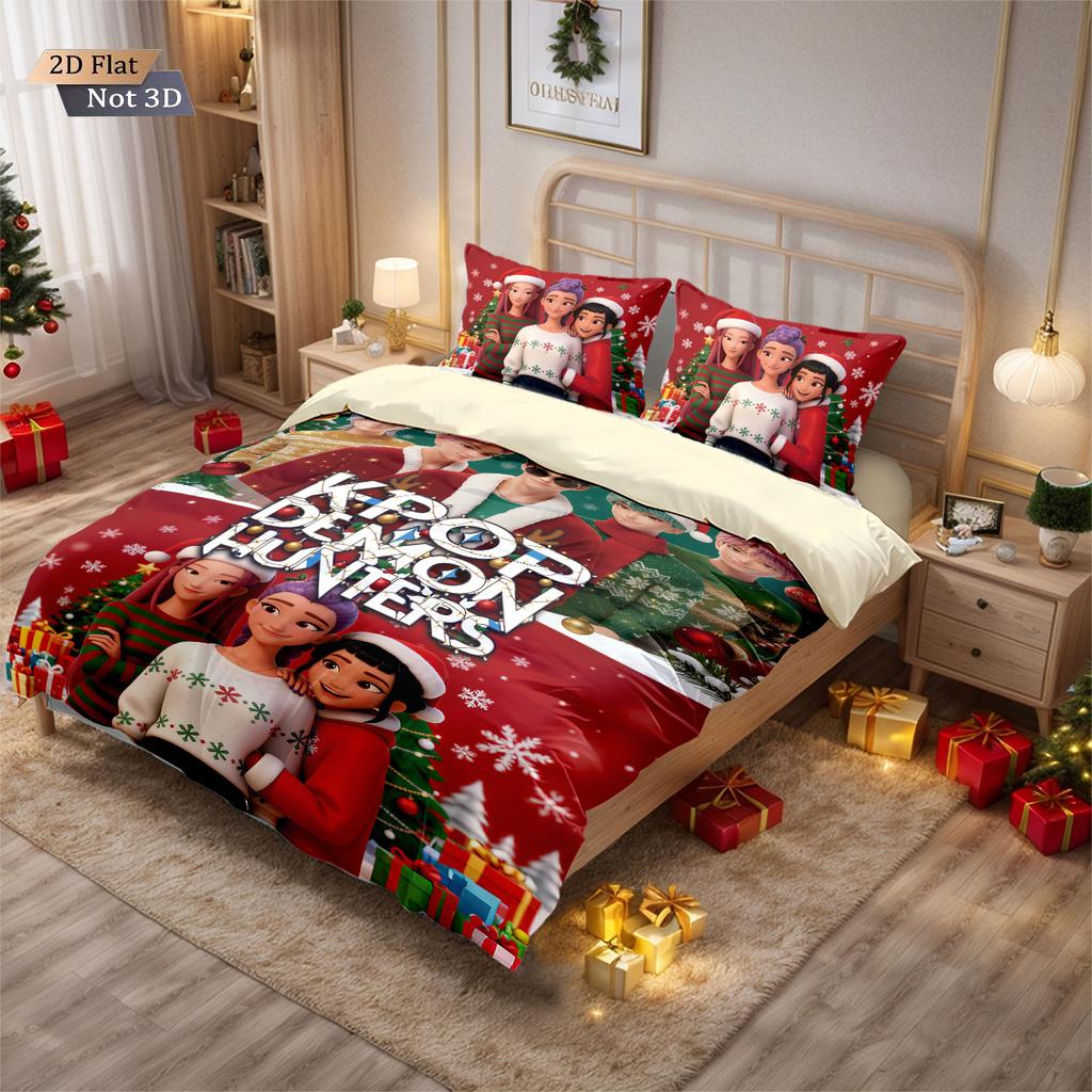 3pcs Christmas K-Pop Demon Hunters Print Coreless Bedding Set Multiple Size Bedroom Bedding Decoration Machine Washable