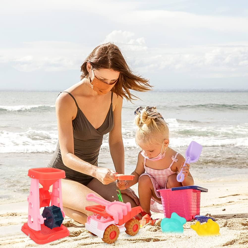 6 Piece Sand Toy Beach Toy Set with Sand Wheel, Truck, Sand Molds, Bucket, Shovel, Water Toy Set, Outdoor Toy for Boys Girls 3 4 5 6 7 Years