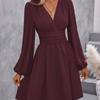 Polyester Vneck Lantern Sleeve Dress With Pleats For Casual And Party Wear