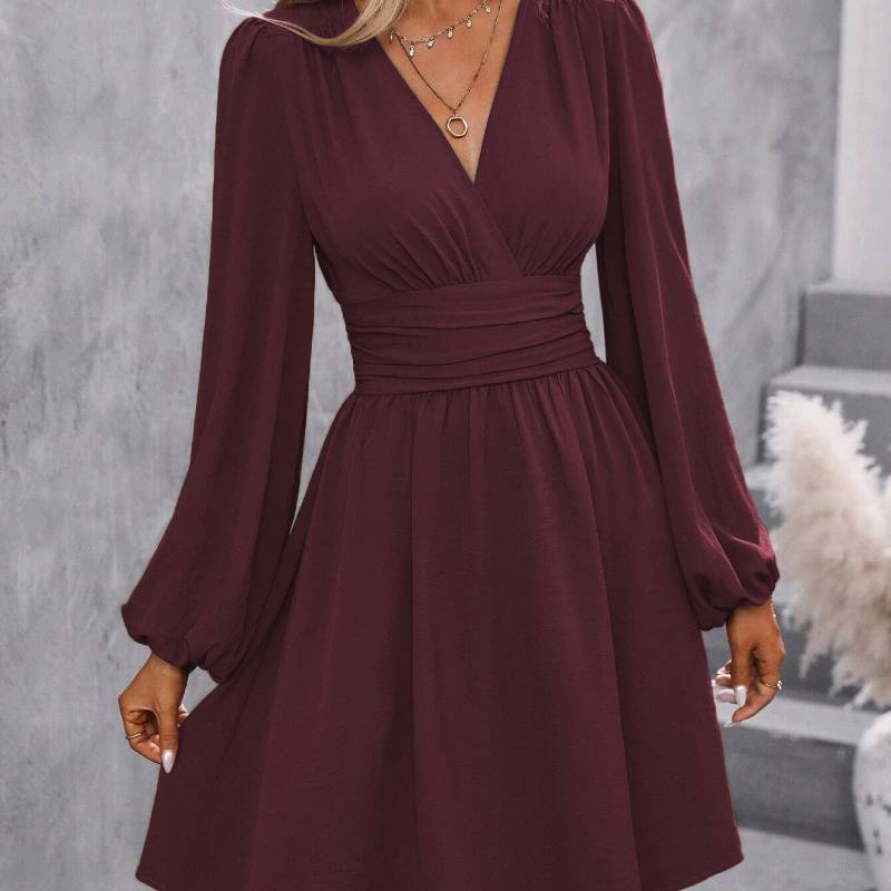 Polyester Vneck Lantern Sleeve Dress With Pleats For Casual And Party Wear