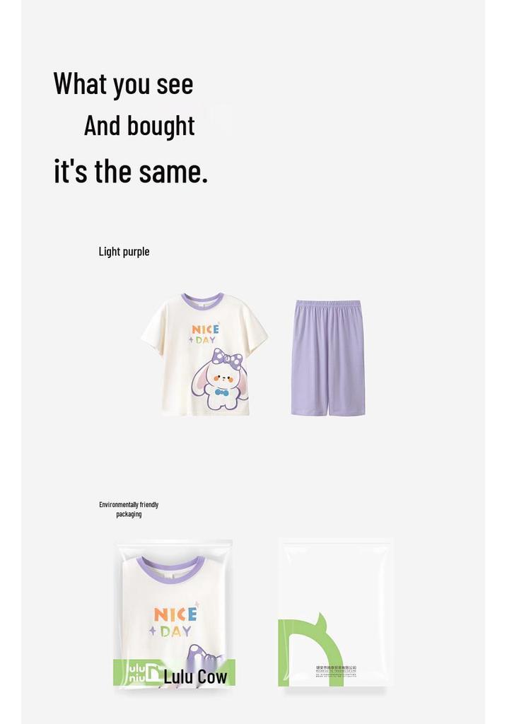 Girls' Summer Cotton Pajama Set - Short Sleeve, Lightweight, for Middle and Big Children, 2024 New Style