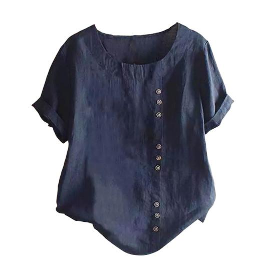 Summer Women T Shirt Loose Fit Round Neck Short Sleeve Solid Color Pullover Top Buttons Decor Daily Wear Tee