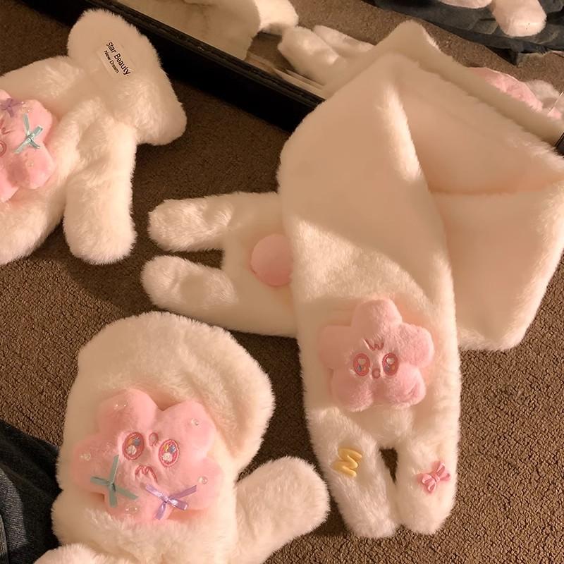 Cute cartoon star gloves girl heart thickened fluffy plush warm finger driving scarf