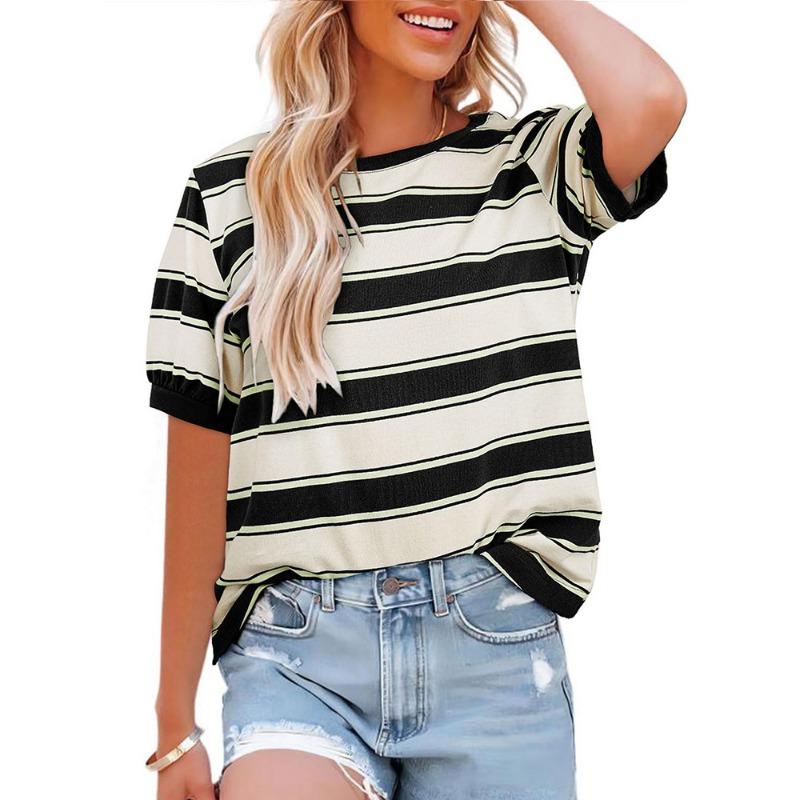 Damen Gestreiftes Rundhals-T-Shirt Kurzarm Lässiges T-Shirt