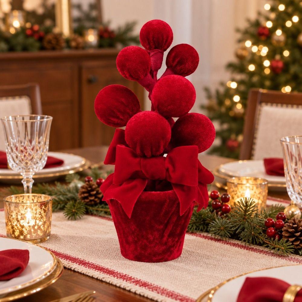 Artificial Pine Branches and Berries Red Christmas Ball Potted Plant Desktop