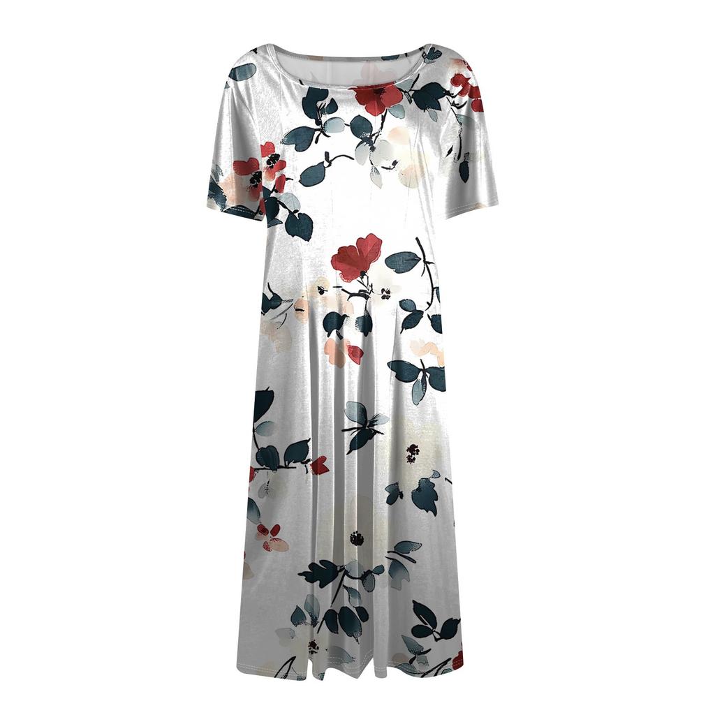 Women's Loose Casual And Fashionable Round Neck Short Sleeved Printed Mid Length Dress
