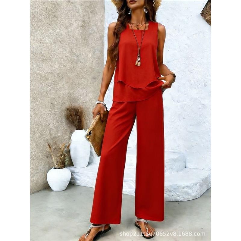 Bohemian women's sleeveless suit is suitable for daily wear, vacation sleeveless suit, spot solid color premium