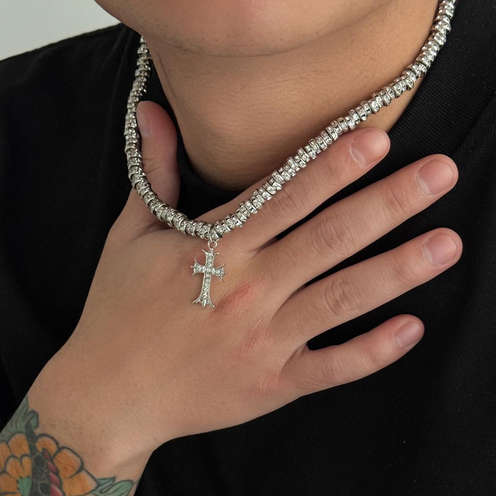 Hip-hop Rhinestone Cross Pendant Necklace Men's High Sense Simple Niche Men's Collarbone Chain Jewelry