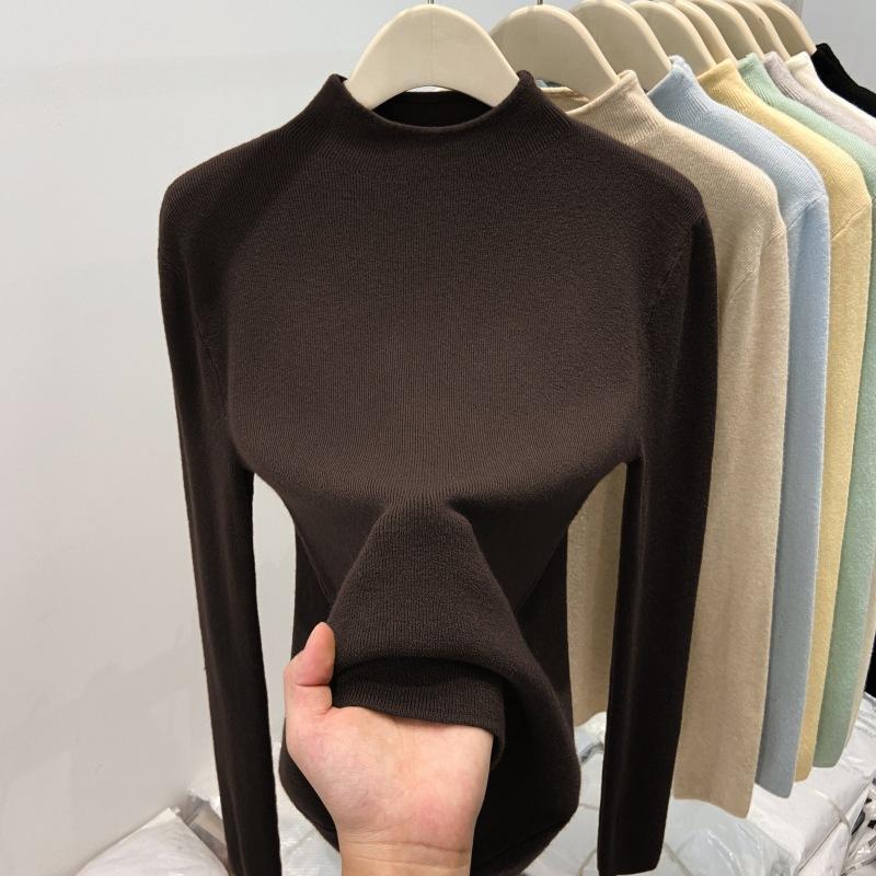 Thickened warm integrated fleece semi-turtleneck knitted sweater women's spring soft waxy inner bottoming shirt solid color top