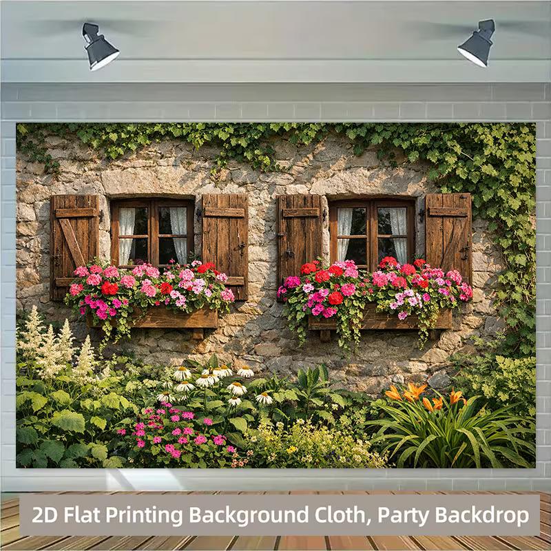 

2D Vintage Ivy Wall Backdrop, Countryside Window with Flowers Party Background 47.2x31.5inch/120*80cm