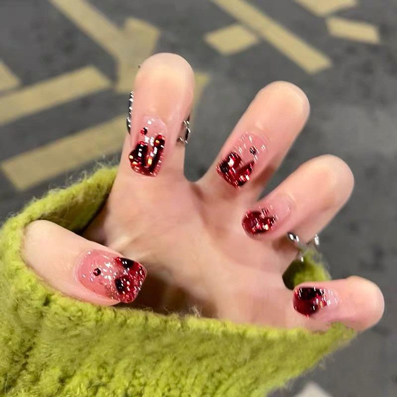 High-End Red Diamond Flame Press-On Nails - Wen Jingling Style