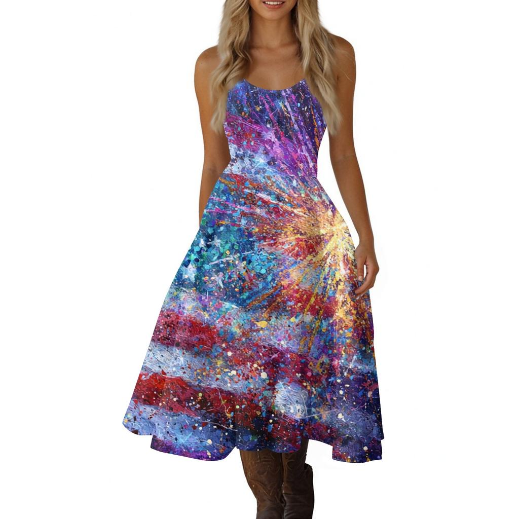 Women's Casual Fashion Independence Day Print V-Neck Retro Sleeveless Dress