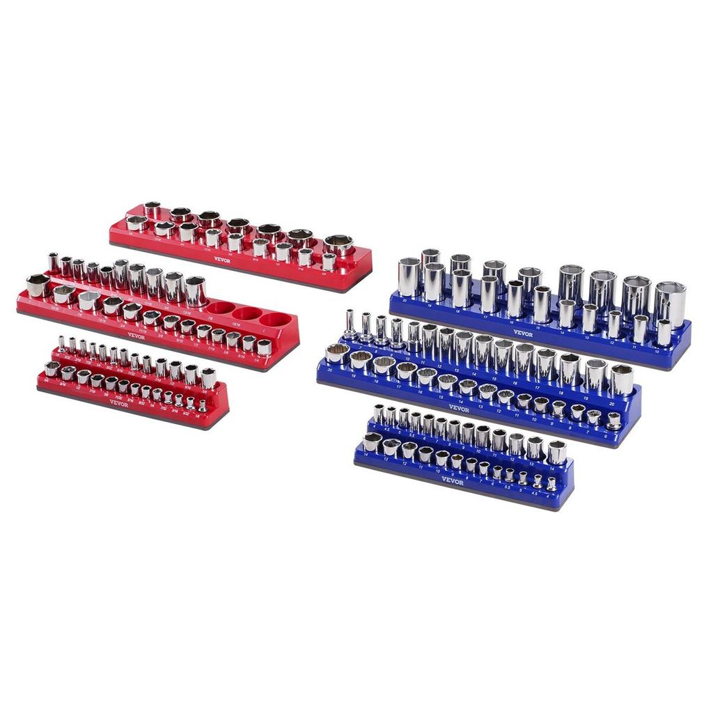 Magnetic Socket Organizer Set 6PCS Socket Trays Blue & Red for Metric SAE
