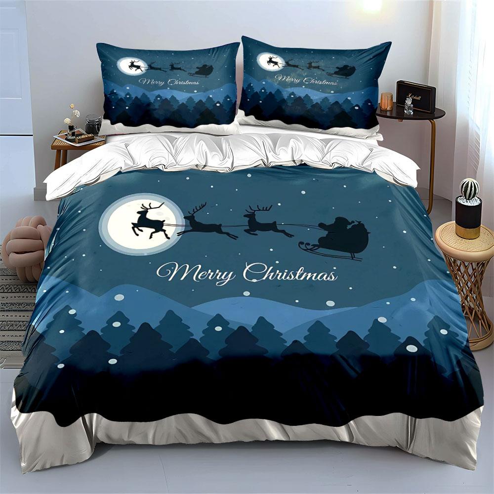Santa Sleigh and Reindeer Scene Bedding Duvet Cover Set Duvet Cover Pillowcases (1*Duvet Cover 2*Pillowcases, Without Duvet Insert)