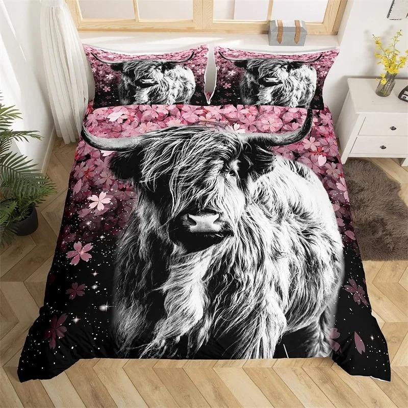 Highland Cow Duvet Cover King Queen Western Farm Animal Comforter Cover Microfiber Bull Cattle Floral Bedding Set For Kids Teen