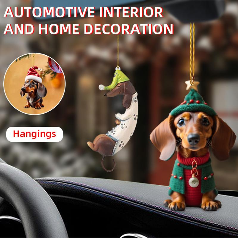 1~10PCS New Christmas 2D Fun Dachshund Dog Pendant Car Rearview Mirror Pendant Car Interior Accessories Christmas Tree Decor For