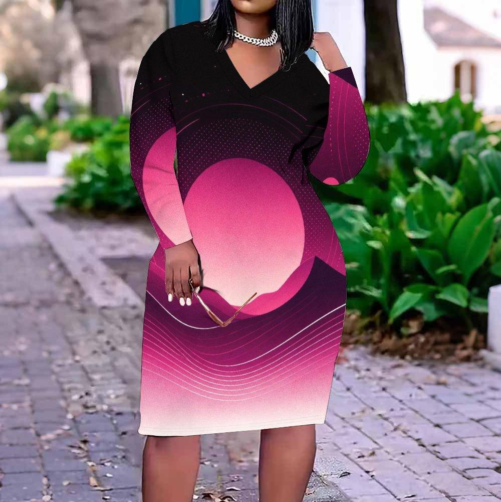 Damen Übergröße V-Ausschnitt Langarm Bedrucktes Figurbetontes Midi-Kleid Schwarz Rosa Farbverlauf