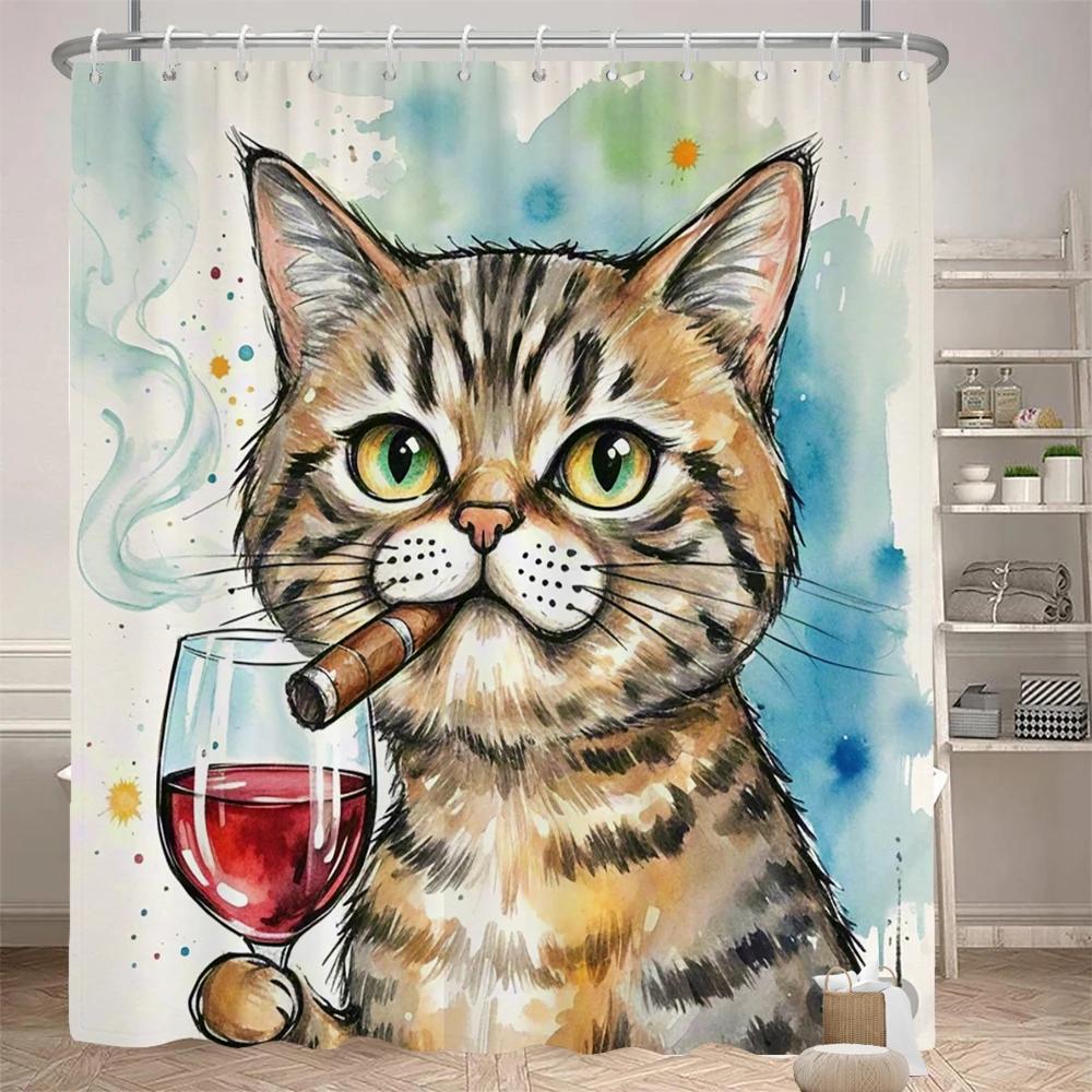 Watercolor cats and dogs funny shower curtain bathroom curtain Amusing and creative animal Decorative curtain with hooks