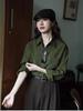 Women's Retro Hong Kong Style Green Cotton-Linen Long Sleeve Shirt, Slim Fit for Spring and Autumn