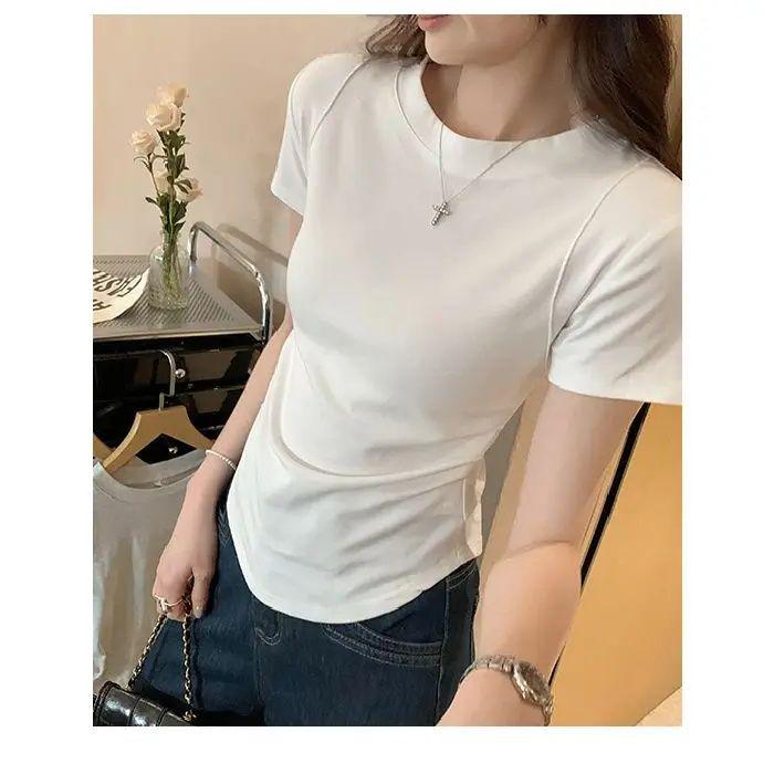 Women's Slim-Fit Black Fishbone Straight-Shoulder T-Shirt – 92% Cotton, 8% Spandex Summer Top