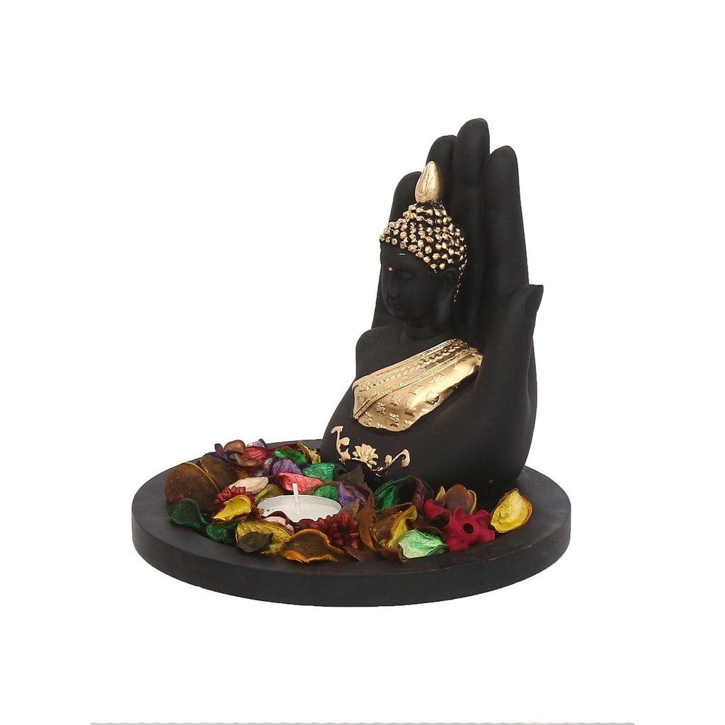Black Golden Resin Palm Buddha Statue Potpourri Tea Light Holder| Lord Buddha Statue for Living Room| Gautam Buddha Idol for Home Decor|