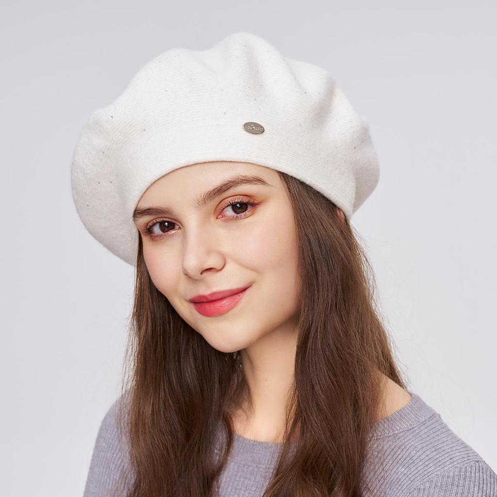 A Women's Beret Knitted Woolen Hat with Autumn and Winter Thick Ear Protection Wool Hat and Shiny Diamond Decoration