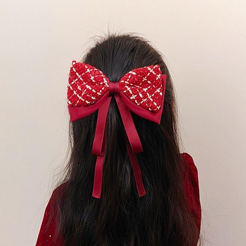 Red Plaid Bow Ribbon Hairpin Ladies Sweet Temperament Hair Clip New Year Party Princess Headdress Fashion Hair Accessories Gifts