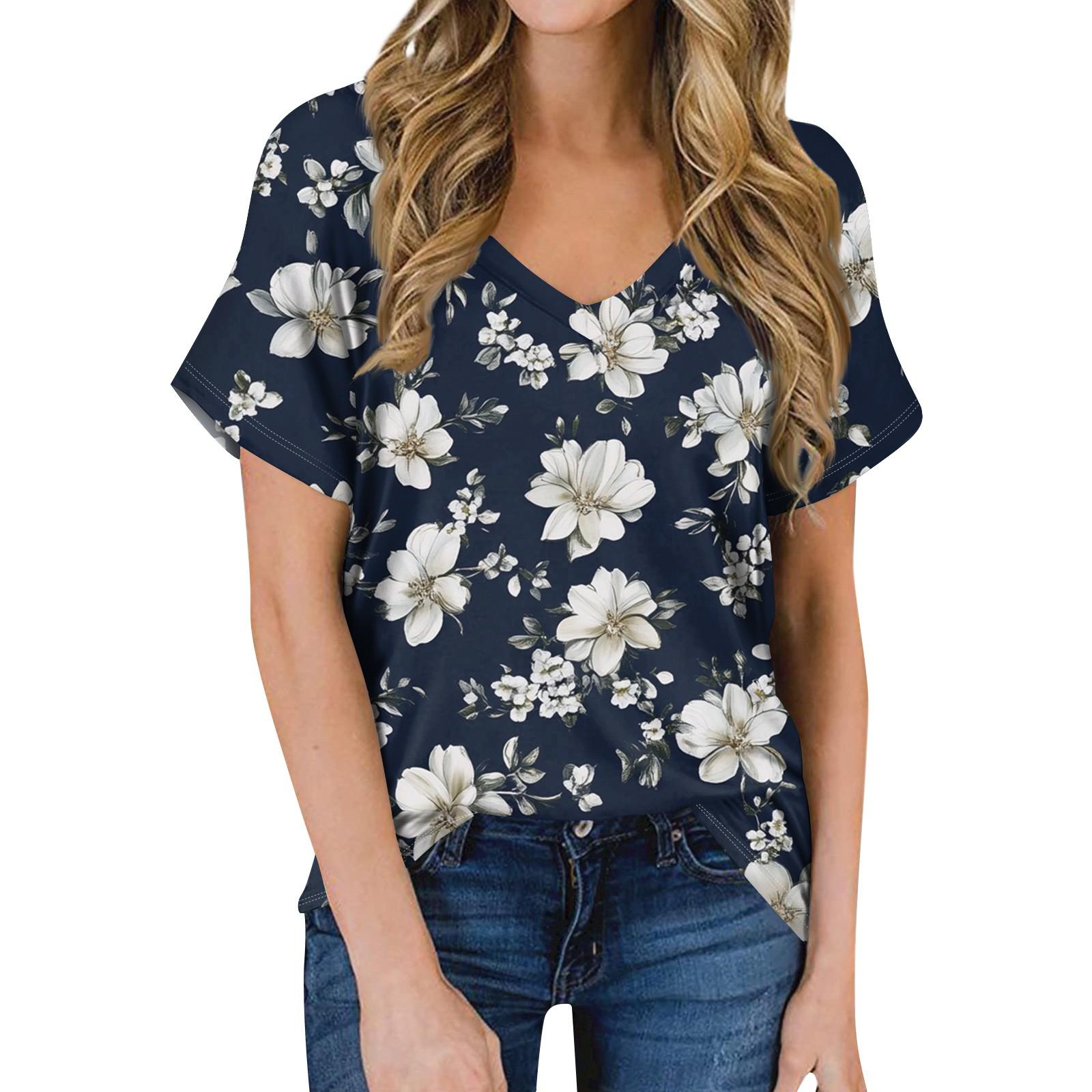 

Женская летняя модная повседневная блузка с V-образным вырезом и коротким рукавом с принтом XL белый