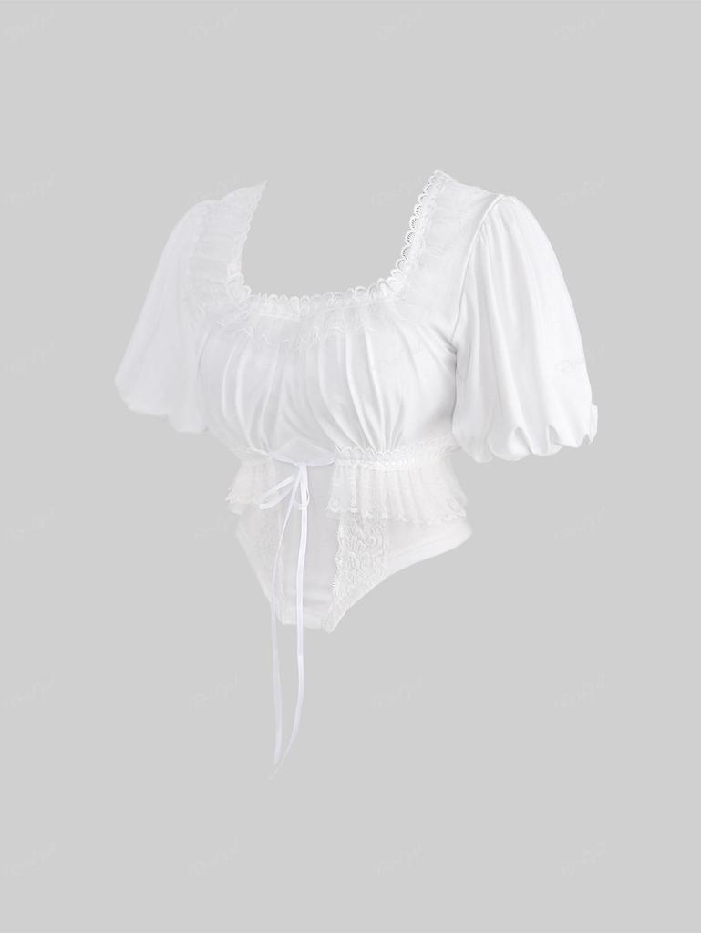 Rosegal Gothic Puffärmel Blumenspitze Panel Gebunden Rüschen Geraffte Solide Asymmetrische Kurzes Top