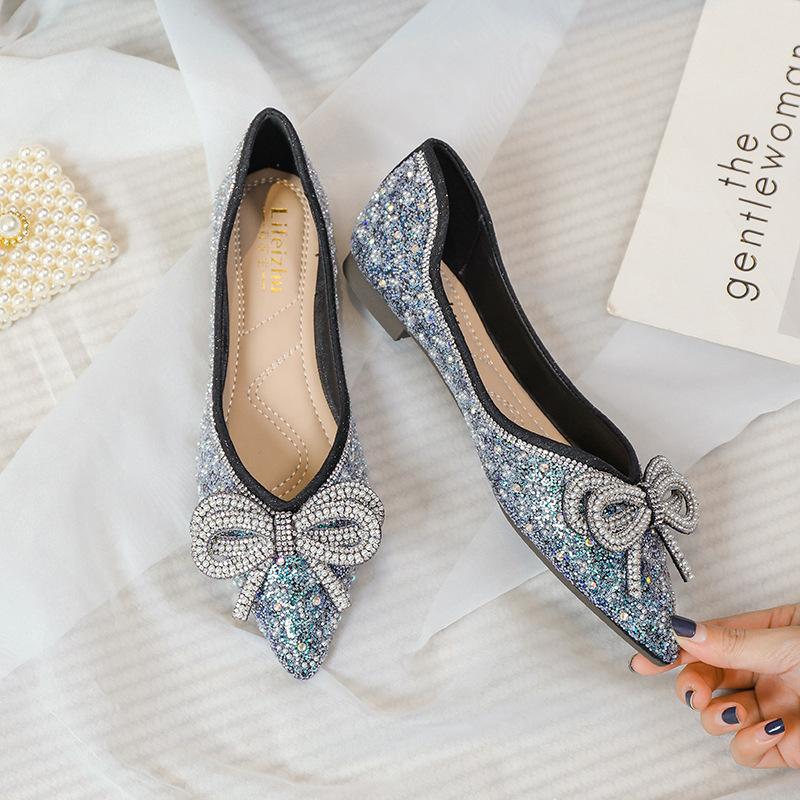 

Fashion Pearl Beading Bow flats women colorfur glitter moccasins female pointed toe bowknot crystal wedding shoes big size 43 7.5 чёрный
