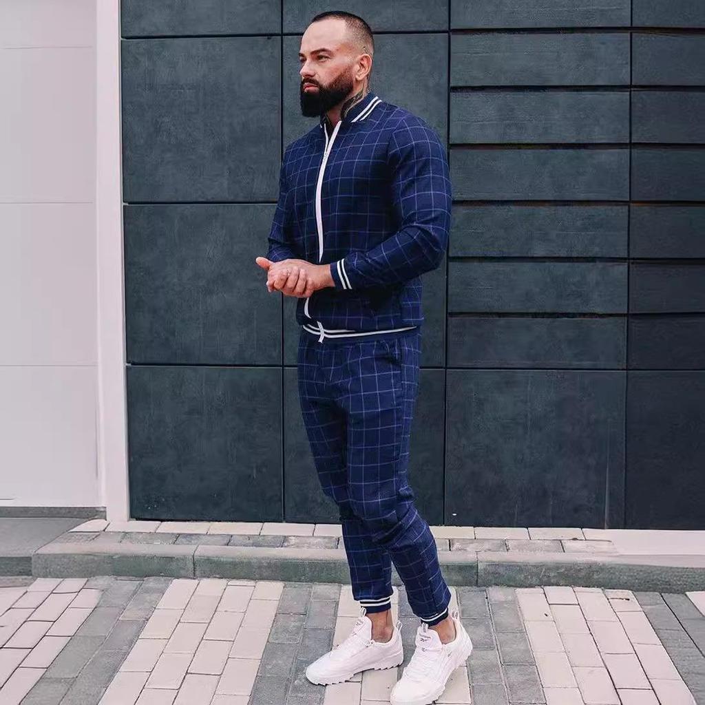 Autumn Men's Casual Plaid Sport Suit: Zip-Up Jacket & Long Pants Two-Piece Set