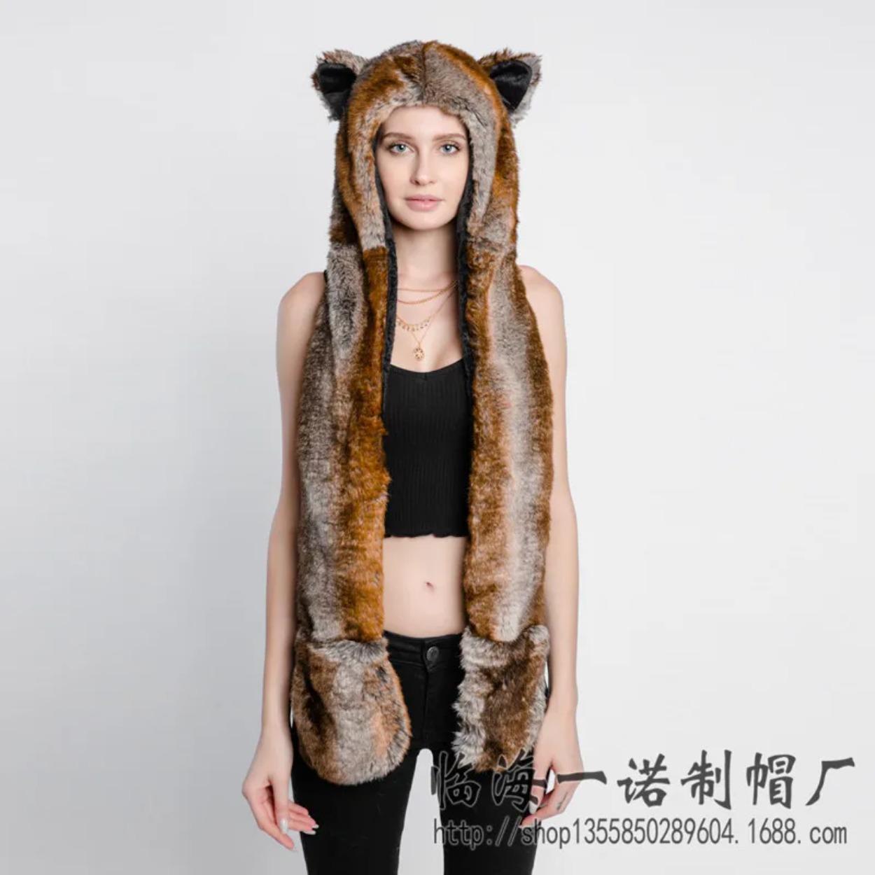 

Women Girls Y2K Beanie Fur Animal Hat Scarf Glove Mitten 3-in-1 Function Furry Hoodie with Paws Ears Party Costume One Size