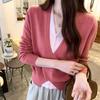 Wool Faux Two-Piece V-Neck Color Block Chic Knit Cardigan for Women - Autumn/Winter Lazy Style Short Sweater Coat