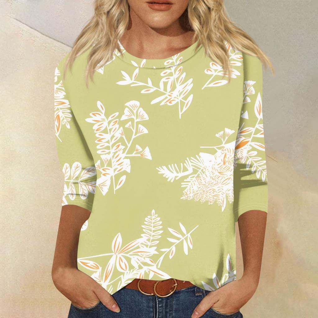 Women's Fashion Casual Round Neck 3/4 Sleeve Loose Printed T-Shirt Ladies Top
