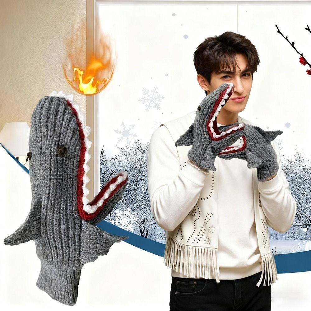 Funny Soft Thick Shark Knitted Gloves High Elasticity Cold Resistance Warm Gloves Cartoon Full Finger Gloves Unisex