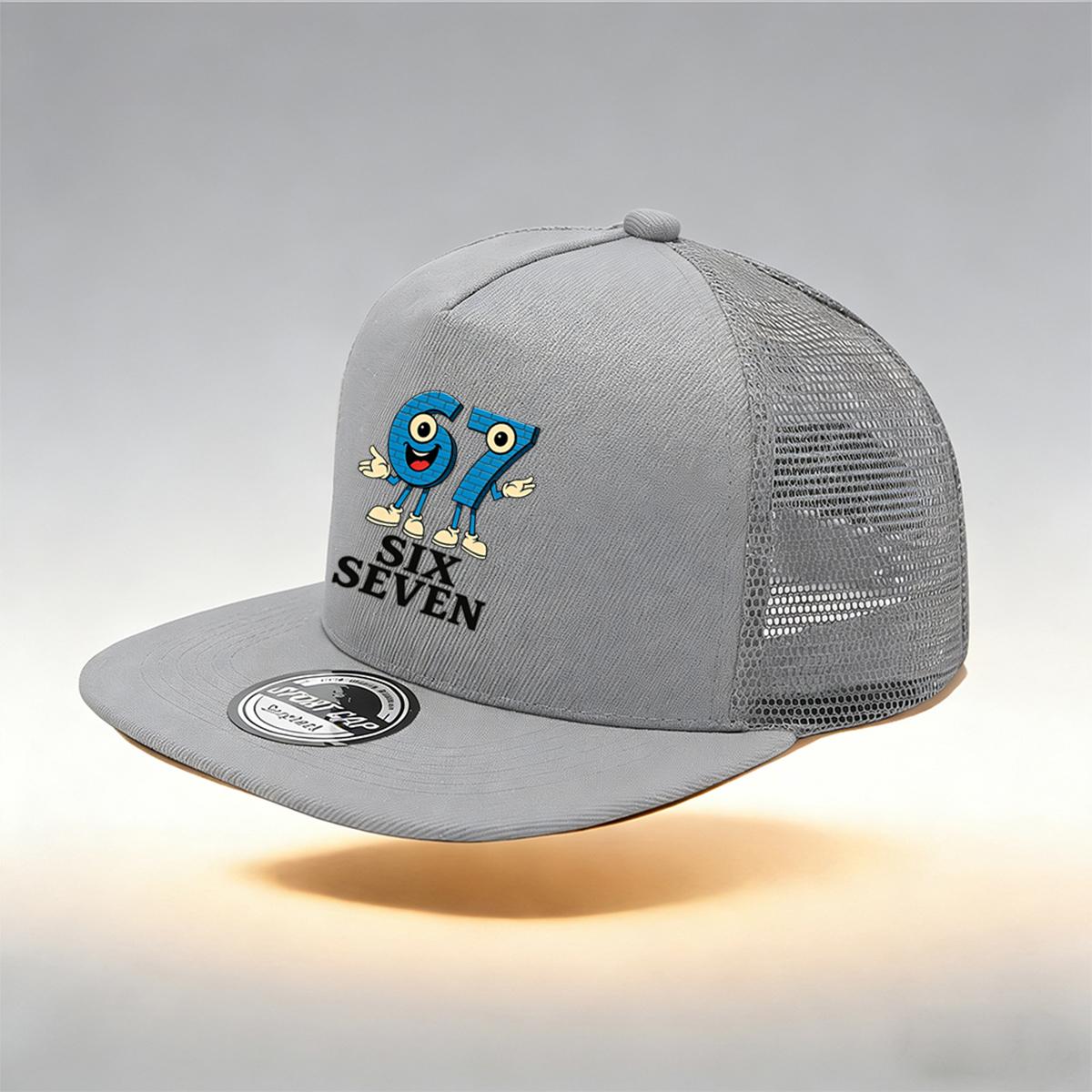 

1/2PC Flat Brim Mesh Trucker Hat, Breathable, Cartoon 67 SIX SEVEN Anthropomorphic Print, Retro Streetwear for Men Women сірий